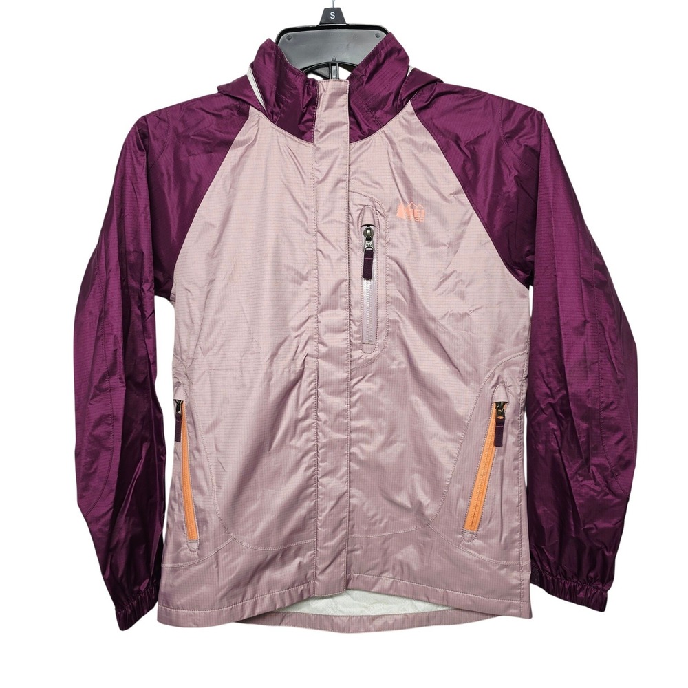 REI Co-op Kids Rain Jacket Purple Mauve Hooded Shell Size M 10-12